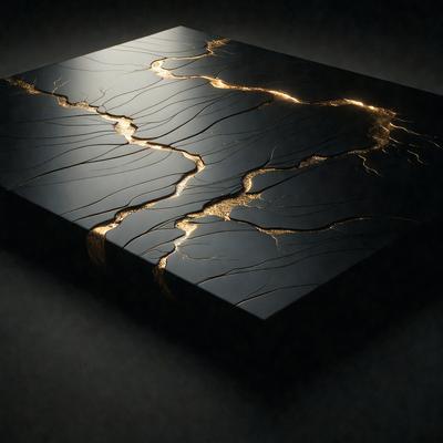 The primary subject of the image is a large, dark, and shiny square table. The table is made of a material that appears to be a combination of wood and metal, giving it a unique and intriguing appearance. The setting is a dark room, which further emphasizes the contrast between the table and its surroundings. The visual style of the image is a close-up, showcasing the details of the table's surface. The colors and mood of the image are predominantly dark, with the table'